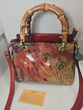 Patricia Nash Painted Floral Bamboo Handle Satchel - Red/Gold/Green
